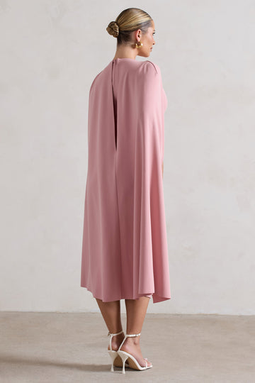 Rafaela Blush Pink Bodycon Midi Dress With Cape Sleeves